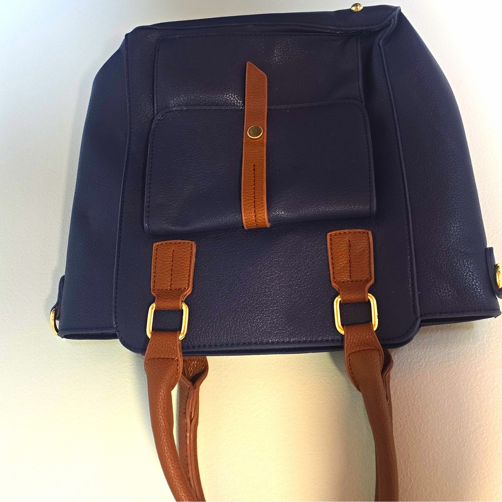 Charming Charlie Navy Solid Tote Bag Brown Double Handles Zip Top,
